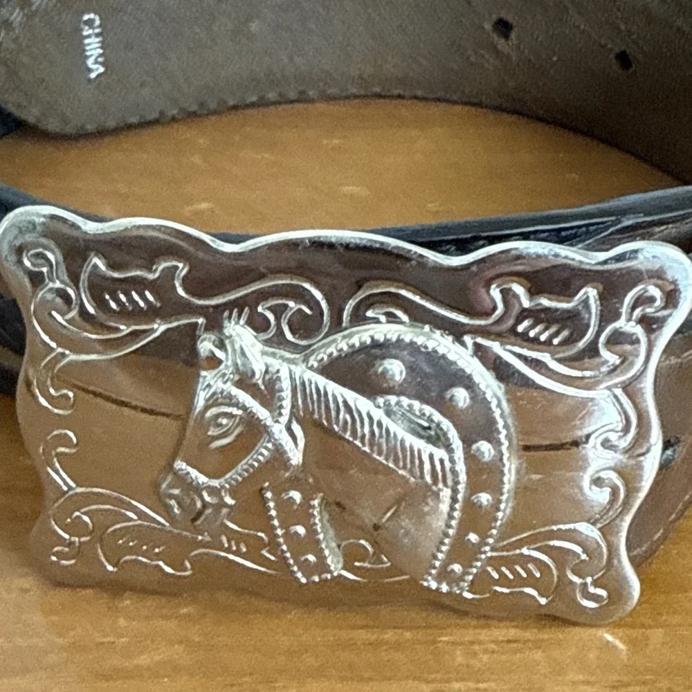 Nocona Youth Western Leather Belt Brown Black Braided Horse Head Buckle Size-22